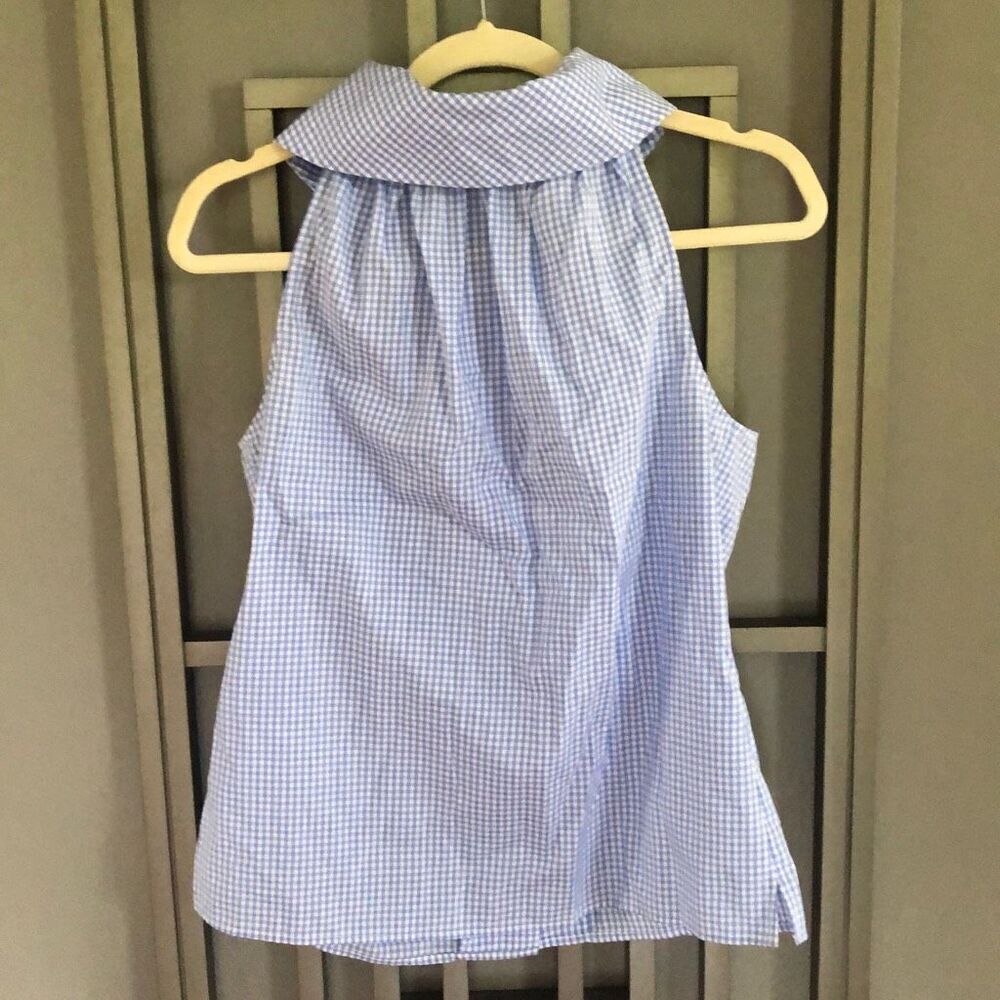 STS Sail to Sable Blue and white gingham check sleeveless blouse with gold butto